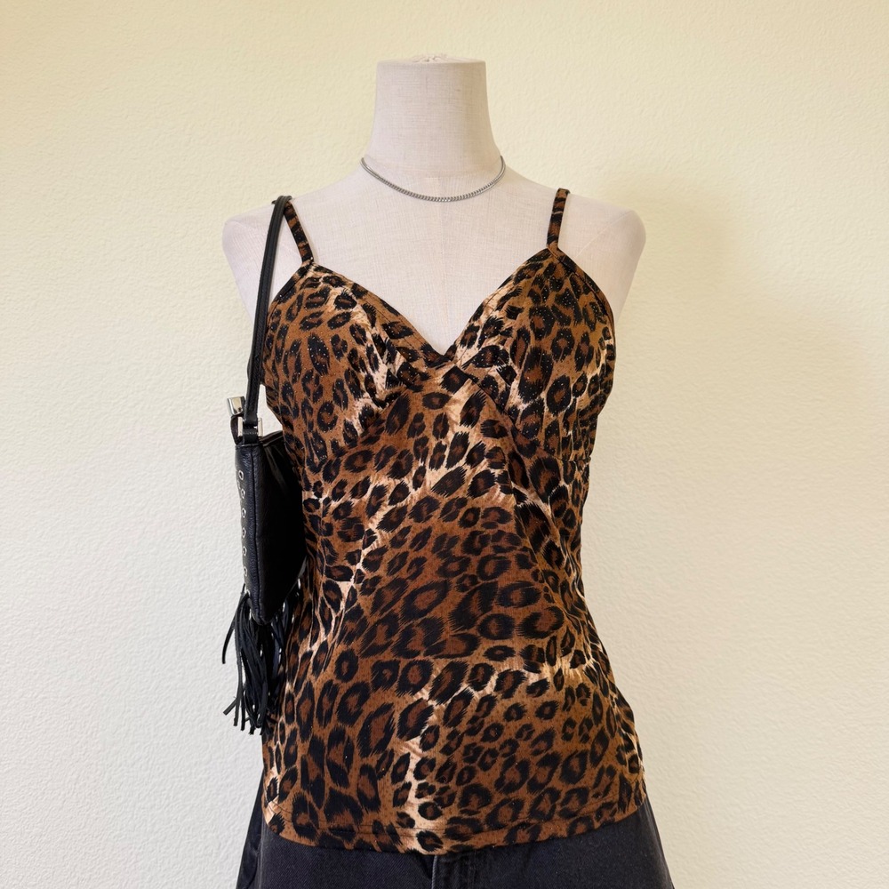 Vintage Y2K Leopard Print Camisole Top Brown Animal Print Glitter Stretch
